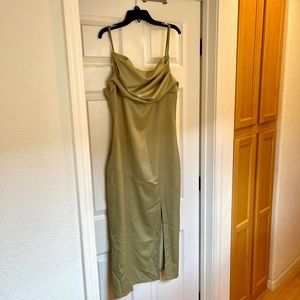 Green Satin Cowl MidiDress with slit size Medium brand new with tags!